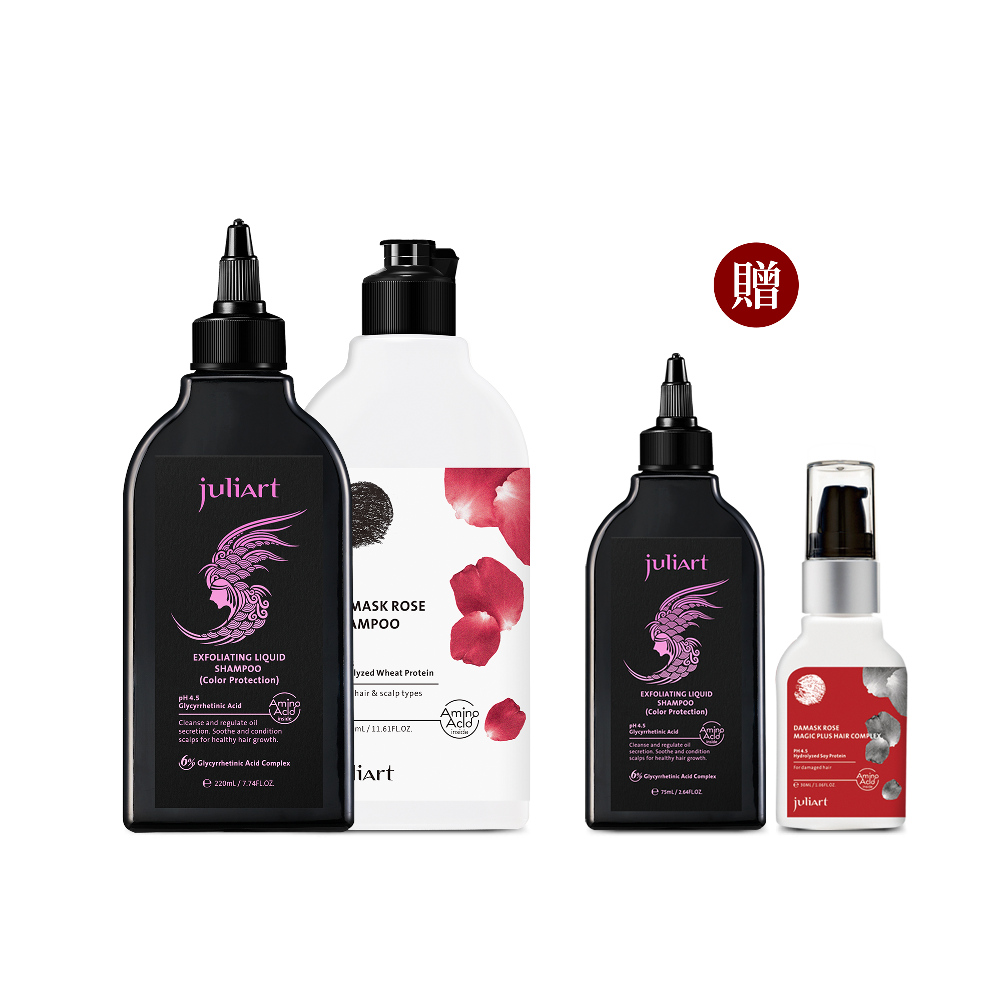 juliArt覺亞 甘草次酸角質淨化液(護色版)220mL+大馬士革玫瑰精萃洗髮精 330mL 贈 甘草次酸角質淨化液(護色版)75mL+大馬士革玫瑰精萃魔髮精靈30mL  ▶70C002